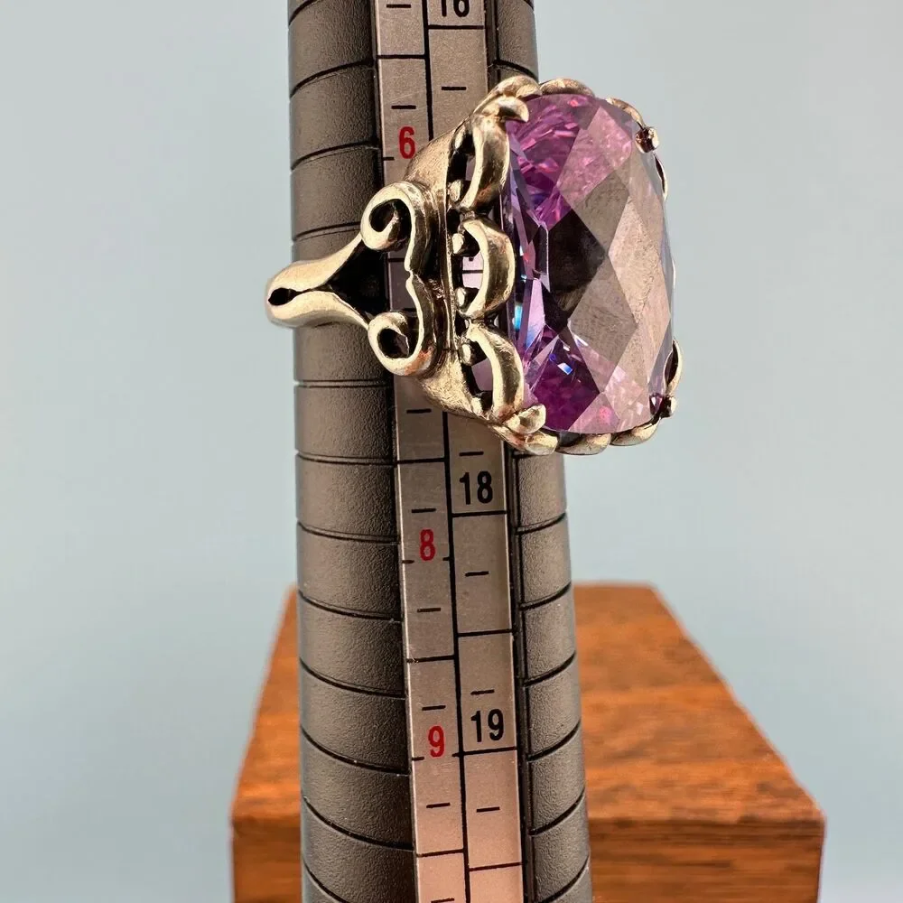 Vintage Sterling Silver Purple Stone Ring Simulated Spinel Large Faceted 6.5